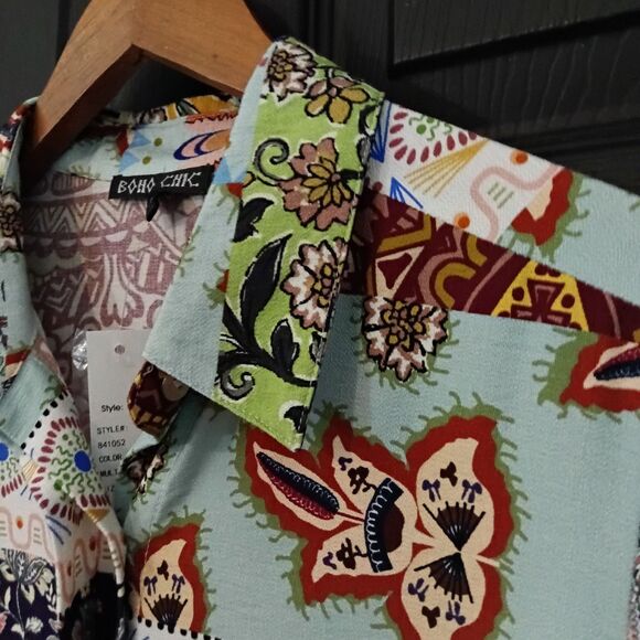 Boho Chic NWT Sz. M Multi Color Patchwork 3/4 Sleeve Button Up Blouse - Picture 11 of 16